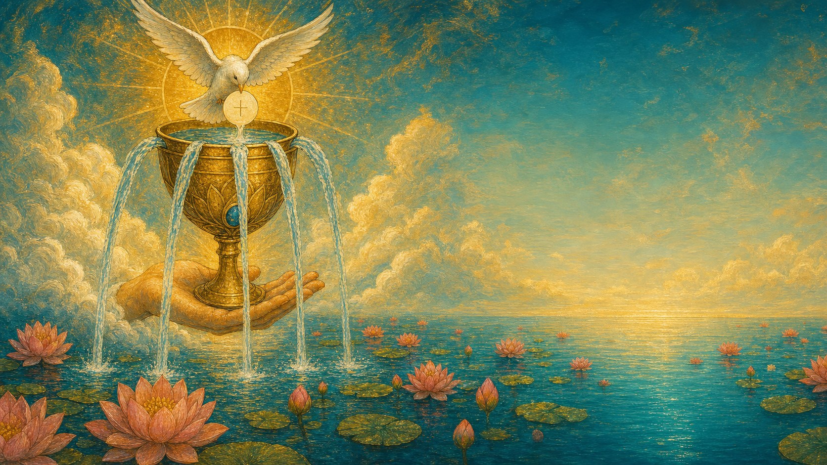 A golden chalice overflowing into still water, a dove descending in warm light.