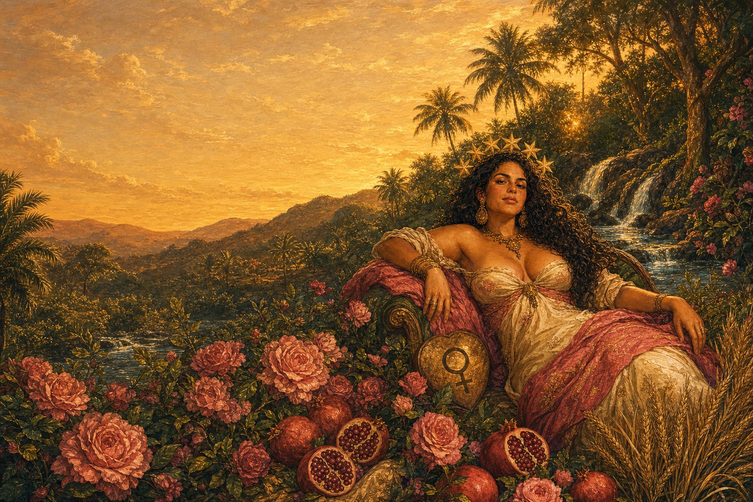 A full-figured woman rests in a lush grove of gold and rose, surrounded by living growth.
