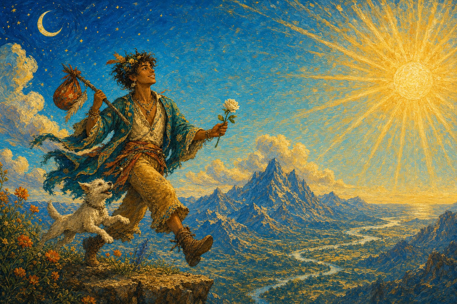 A traveler leaps across a sunlit ridge beneath a great golden sun.