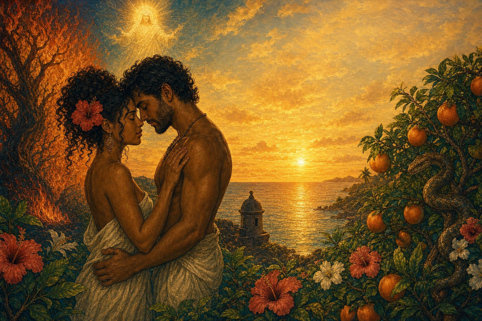 Two figures meeting beneath a flowering tree at a warm sunset, painted thresholds opening around them.