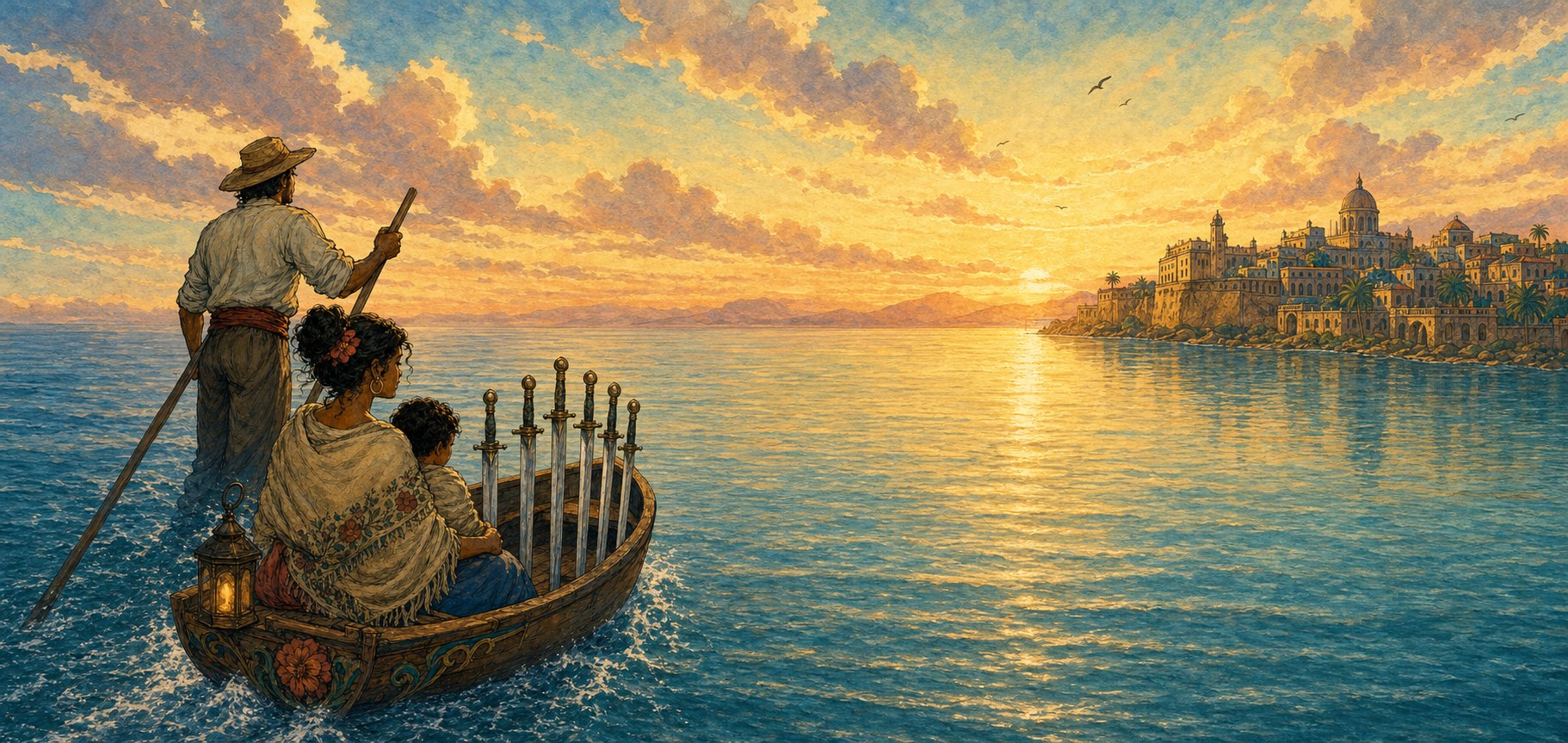 A small boat crossing from rough water toward a calm gold horizon.
