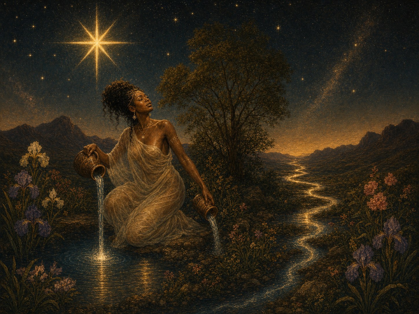 A figure kneels at a pool beneath a great guiding star, pouring water that becomes paths of light.
