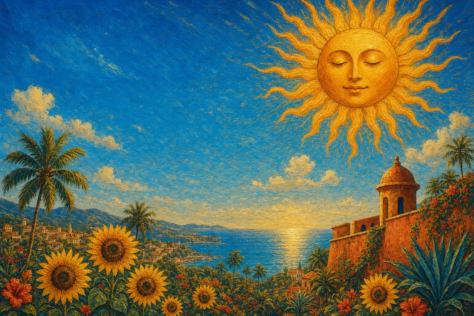 A radiant golden sun rising over a warm coast, a single open page glowing in the light.